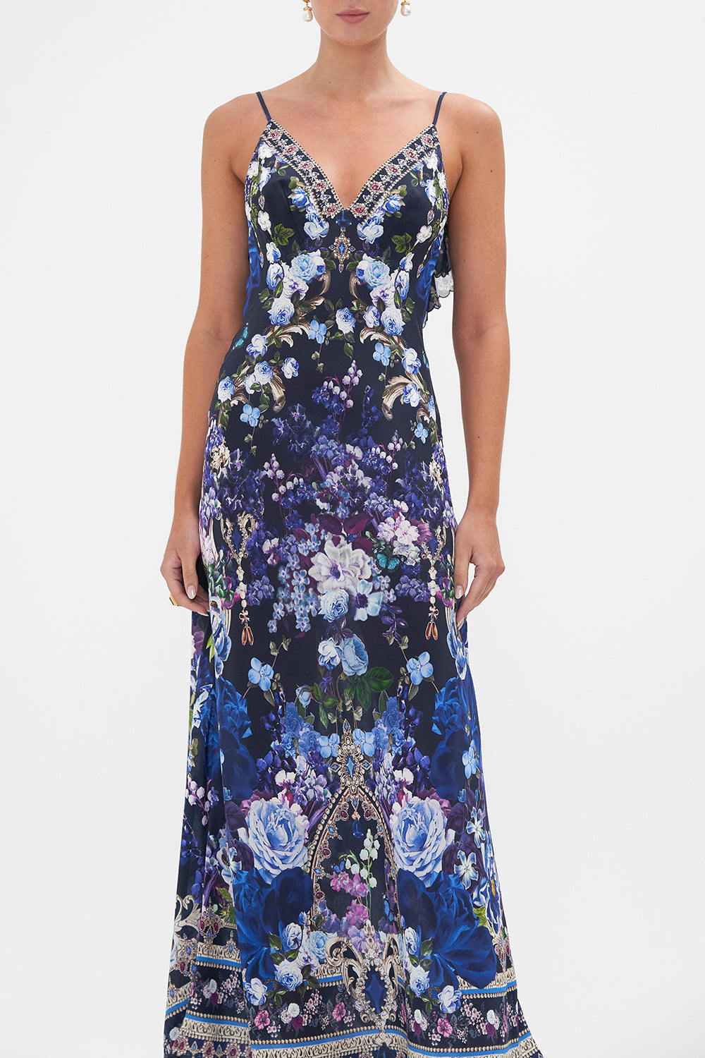 V NECK BIAS SLIP DRESS WITH BACK FRILL OBSIDIAN BLOOM