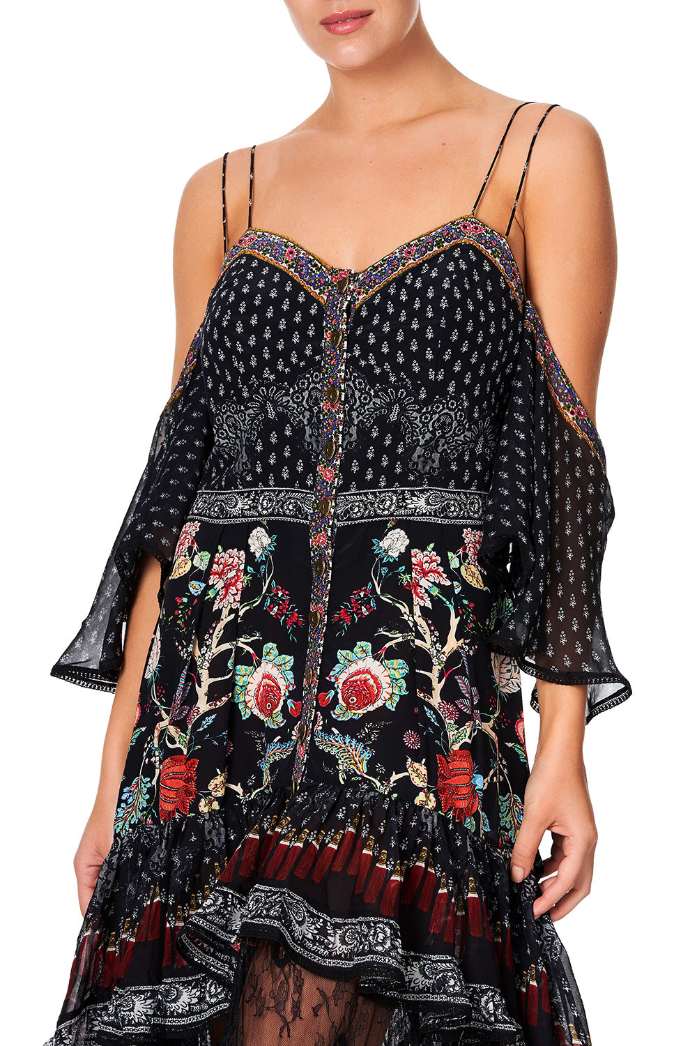 BUTTON-UP HIGH LOW DRESS WITH RUFFLE DETAIL HAUTE PROVINCIAL