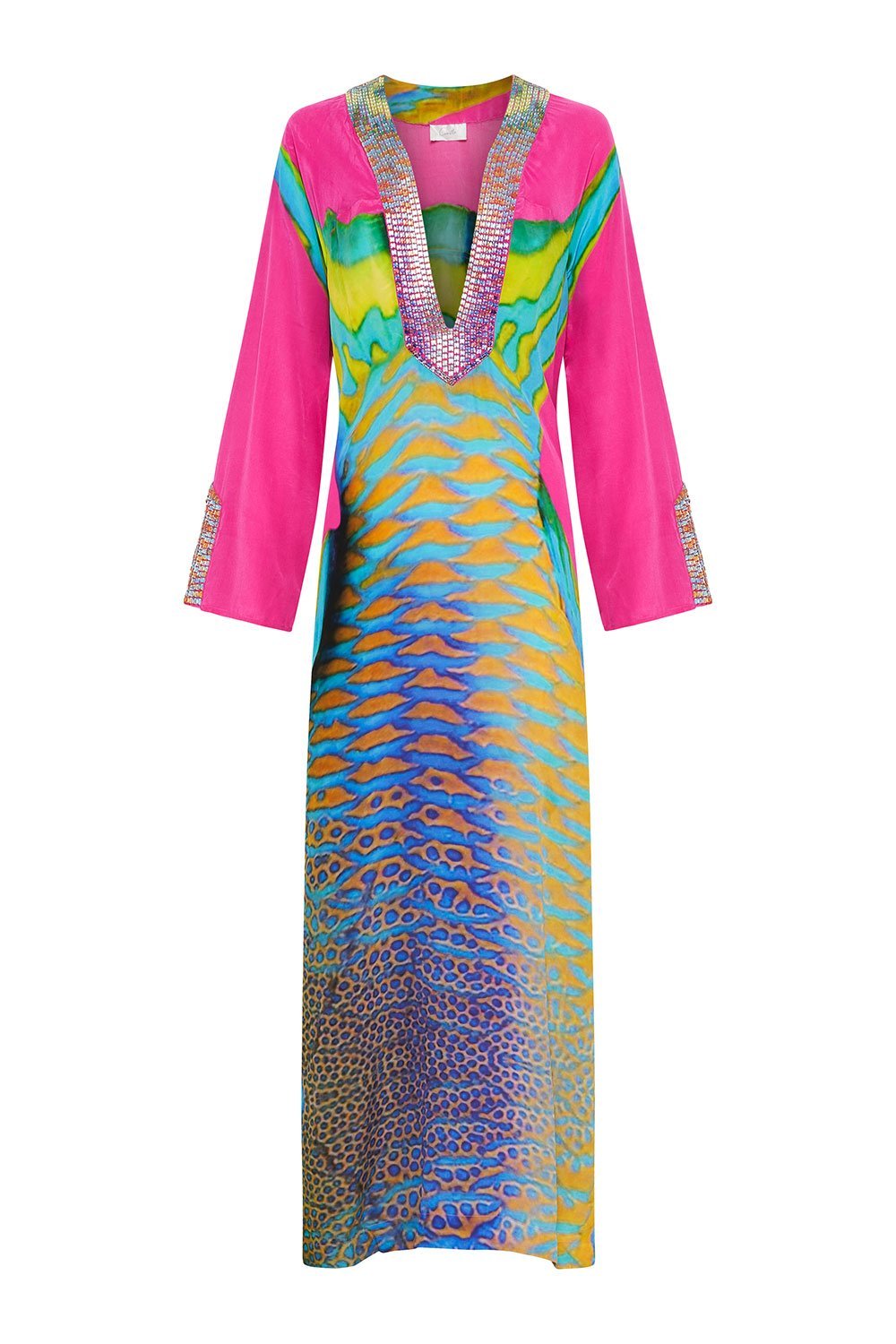 V NECK LONG DRESS WITH SIDE SPLIT PARROT