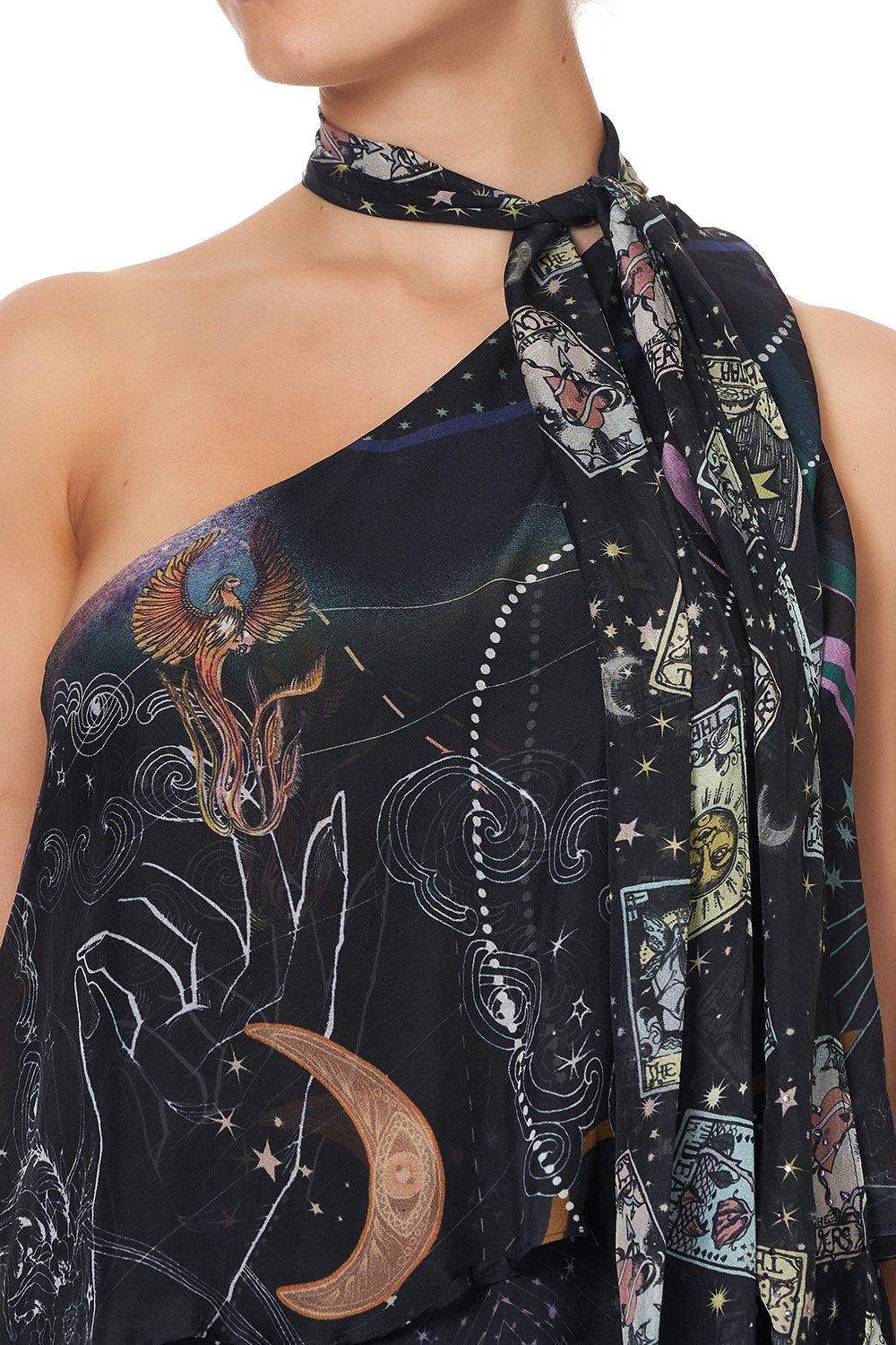 ASYMMETRICAL NECK TIE DRESS MIDNIGHT MOON HOUSE