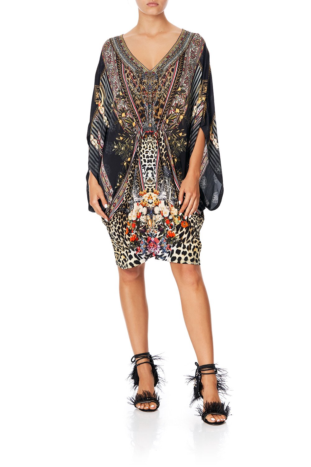 CAMILLA BAT SLEEVE DRESS WITH GATHERED WAIST MARAIS AT MIDNIGHT