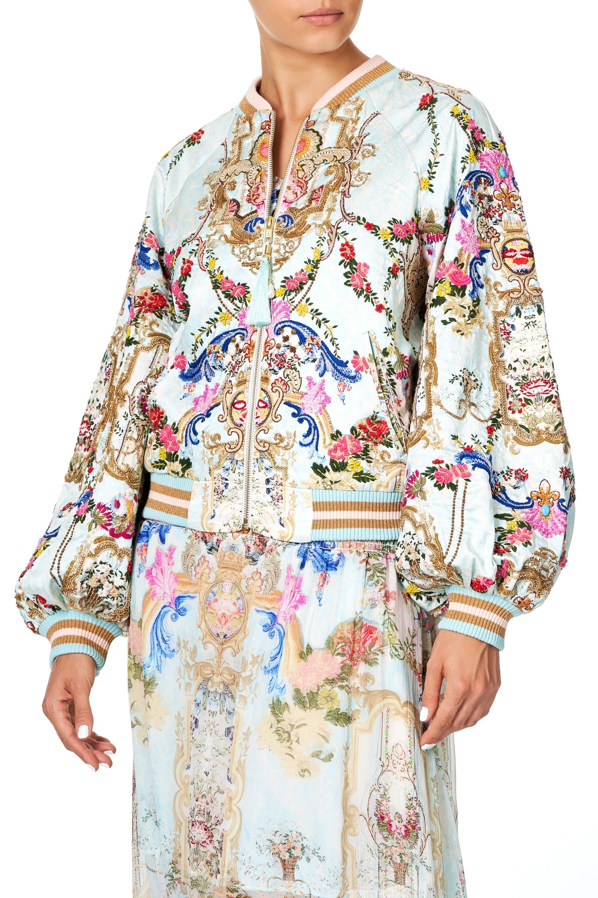 EMBELLISHED BLOUSON SLEEVE BOMBER VERSAILLES SKY