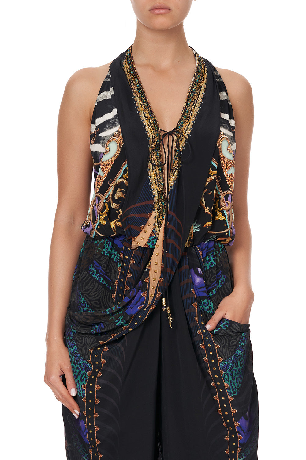 DRAPED FRONT BODICE JUMPSUIT WITH NECK TIE SHES GOT GRACE