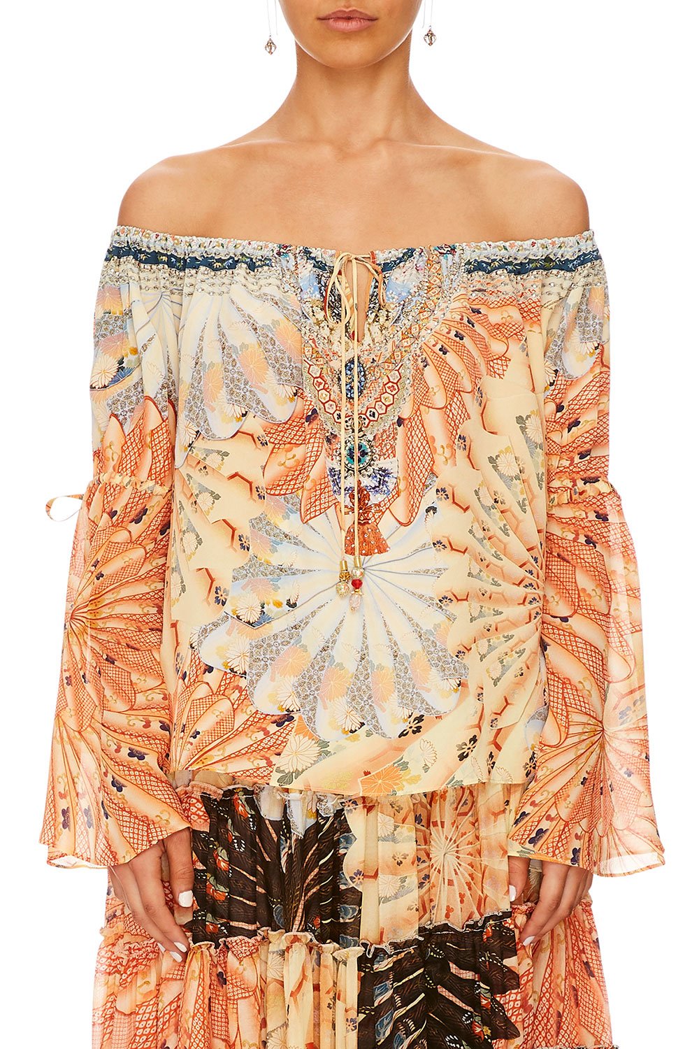 CAMILLA FOR THE FANS DROP SHOULDER TIE SLEEVE TOP