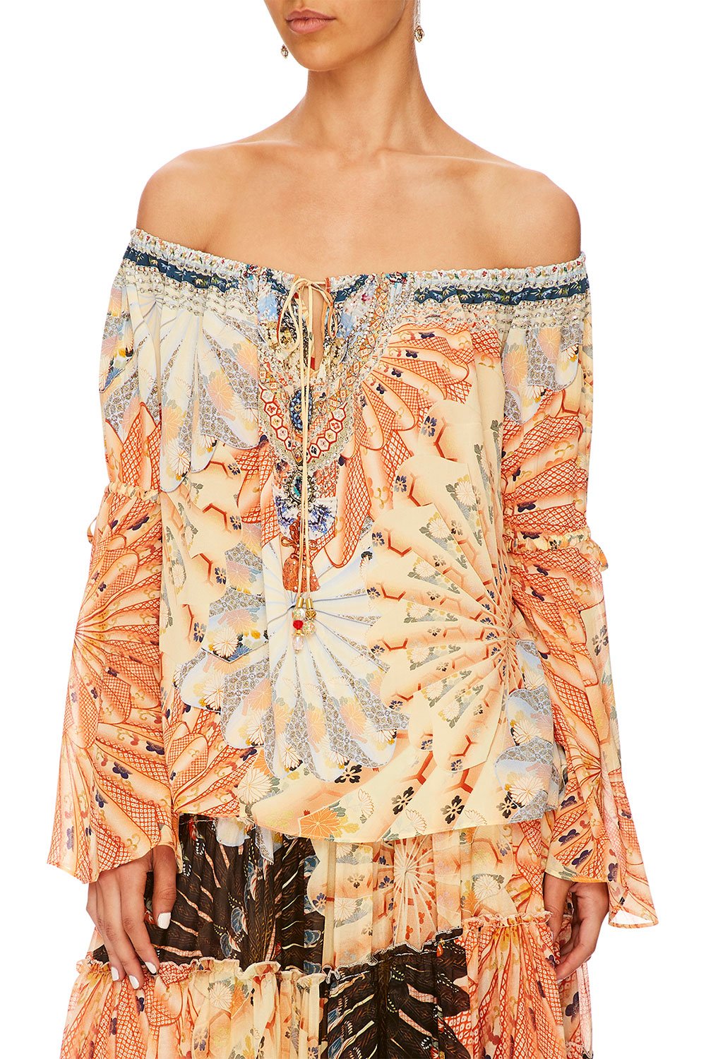 CAMILLA FOR THE FANS DROP SHOULDER TIE SLEEVE TOP