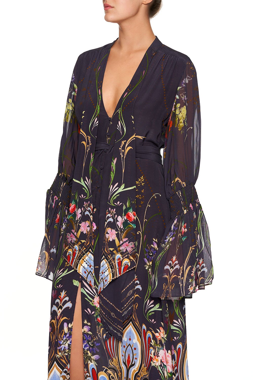 CAMILLA ELASTIC SLEEVE TIE FRONT DRESS WILD FLOWER