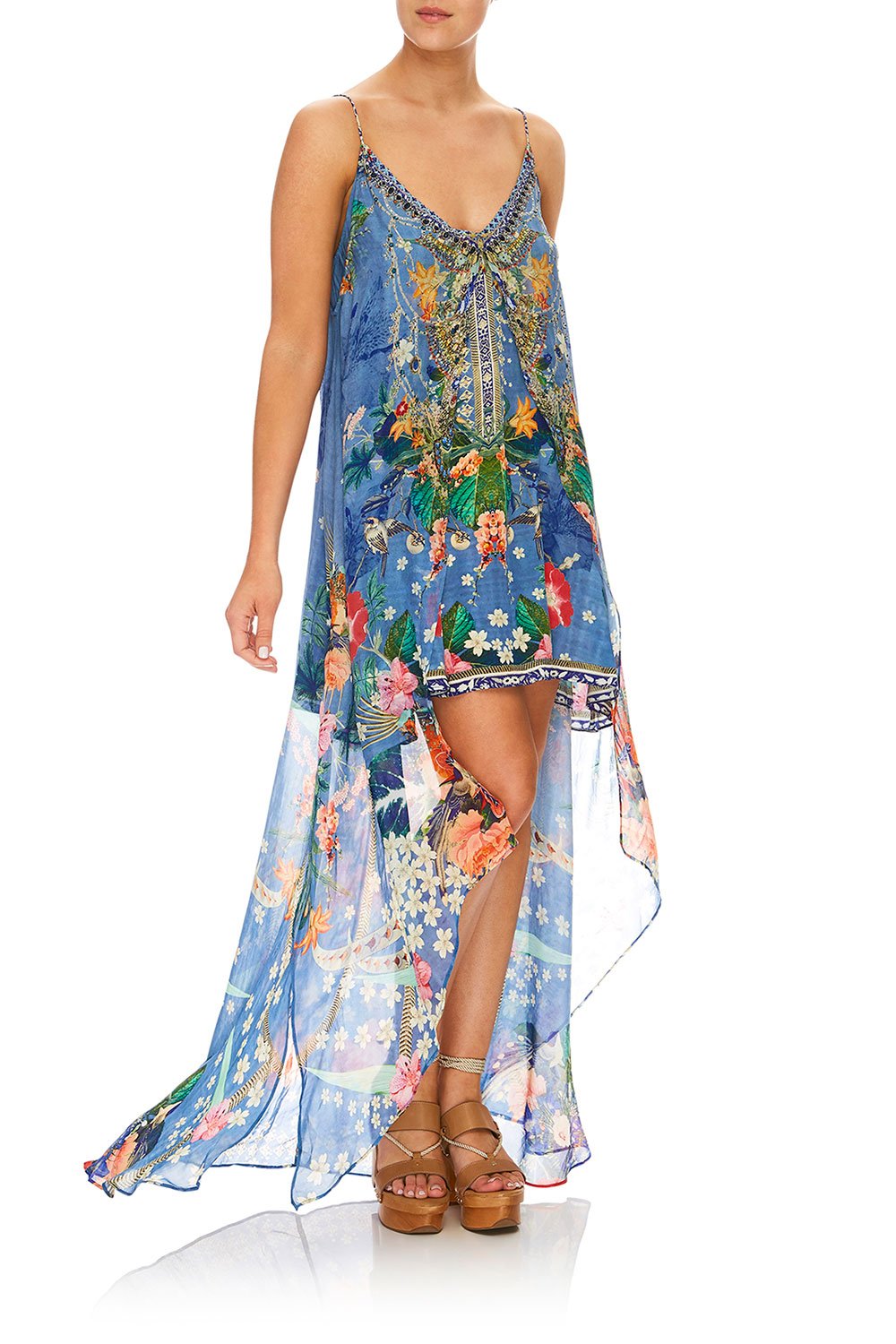 CAMILLA FARAWAY FLORALS FLARED MINI W/ SHEER OVERLAY