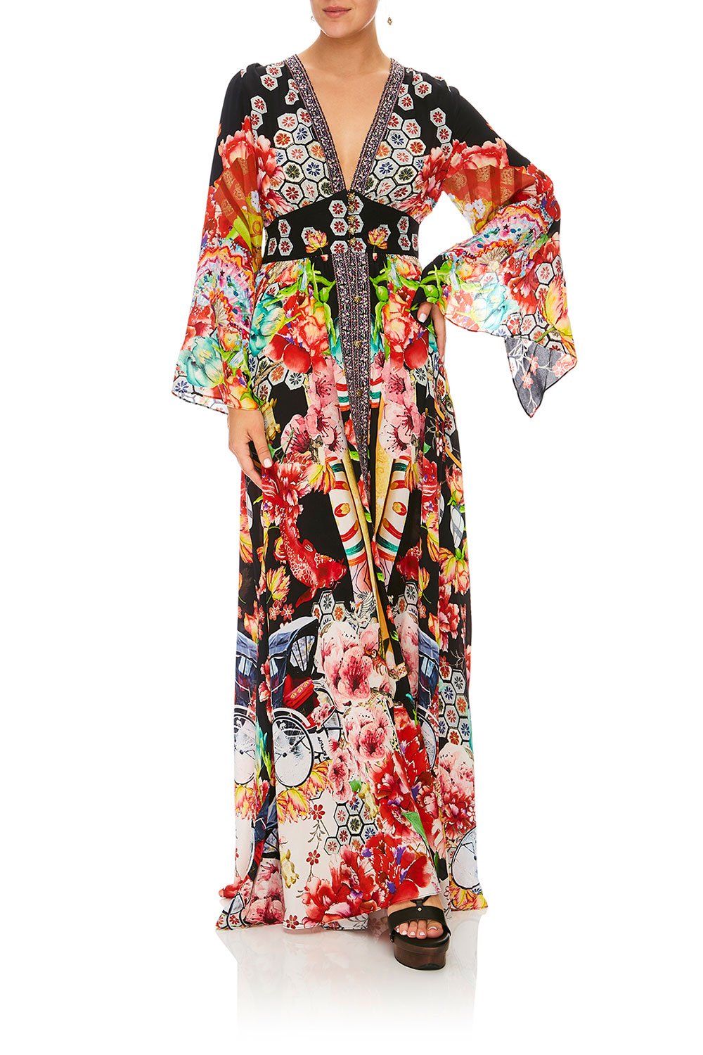 CAMILLA PAINTED LAND KIMONO SLEEVE DRESS W/ SHIRRING DETAIL