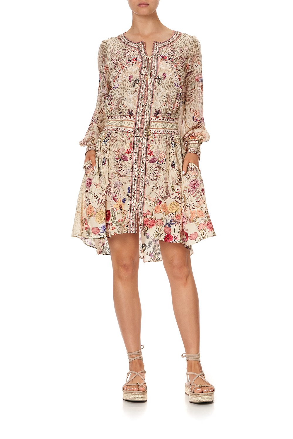 LACE UP SHIRRED WAIST DRESS DRIFTING DREAMER