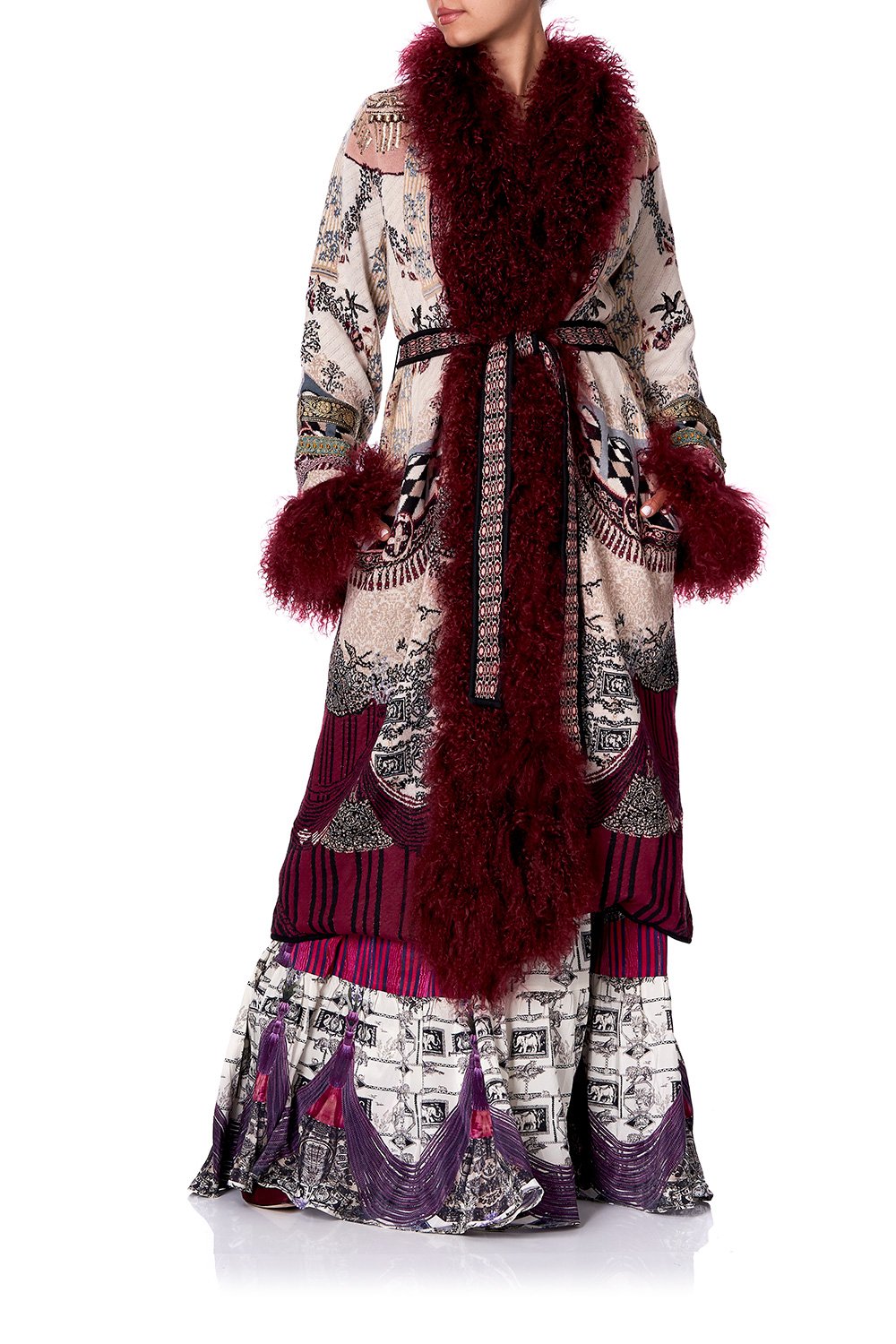 LONG KNIT JACQUARD COAT WITH FUR VIOLET CITY