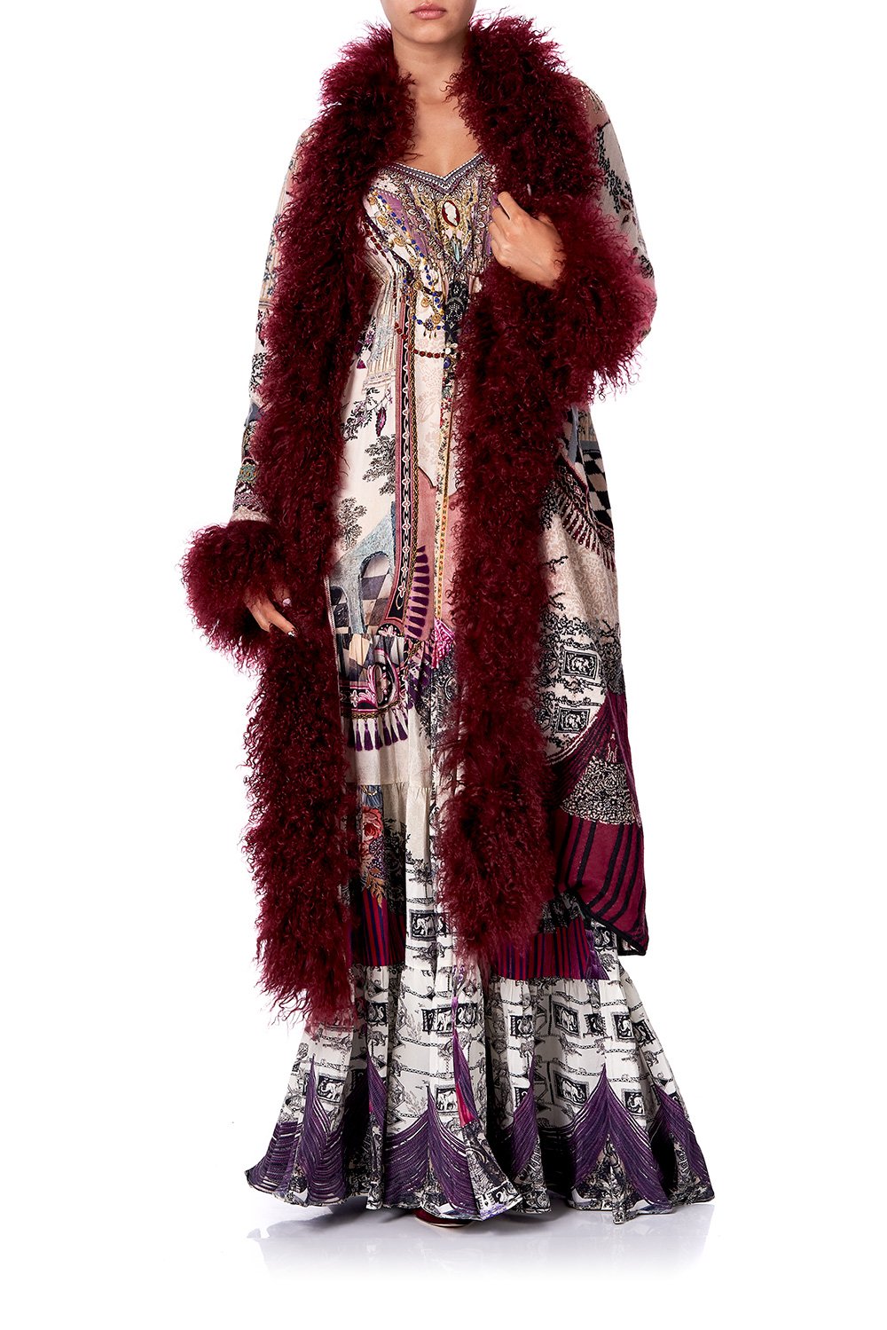 LONG KNIT JACQUARD COAT WITH FUR VIOLET CITY