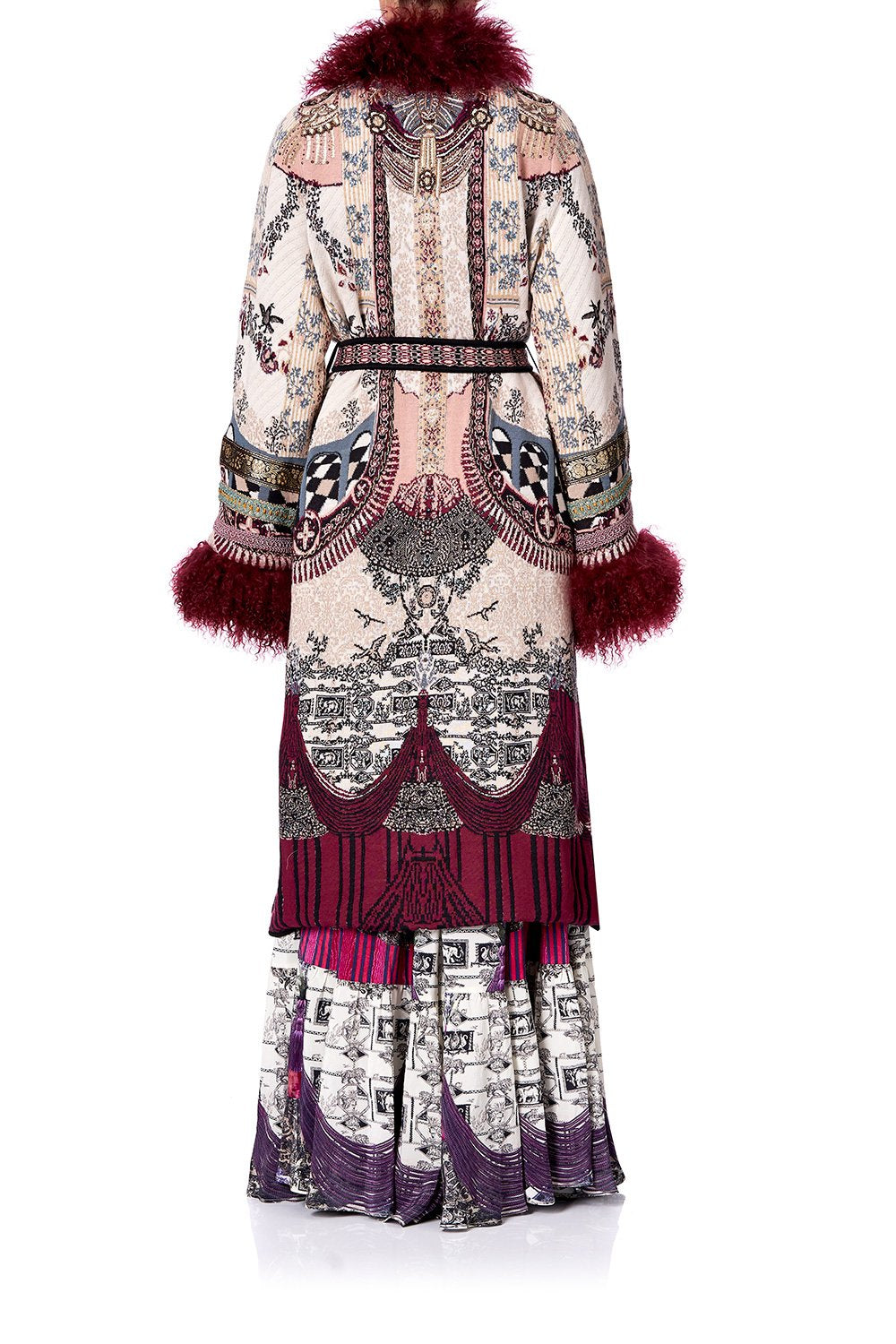 LONG KNIT JACQUARD COAT WITH FUR VIOLET CITY