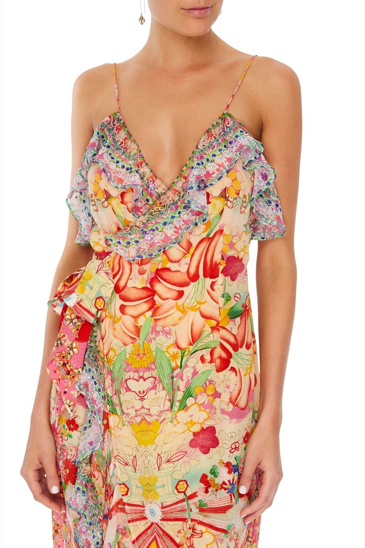 LONG WRAP DRESS WITH FRILL KIMONO KISSES