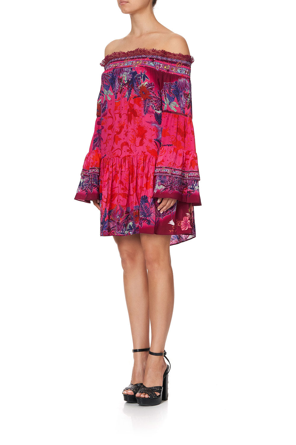 OFF SHOULDER DRESS WITH SMOCKING TROPIC OF NEON