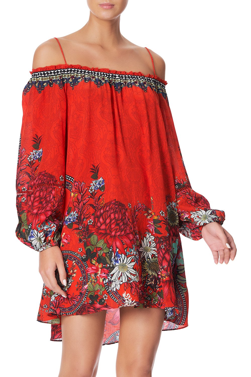 OFF SHOULDER DRESS WITH NECK TIE WONDERING WARATAH