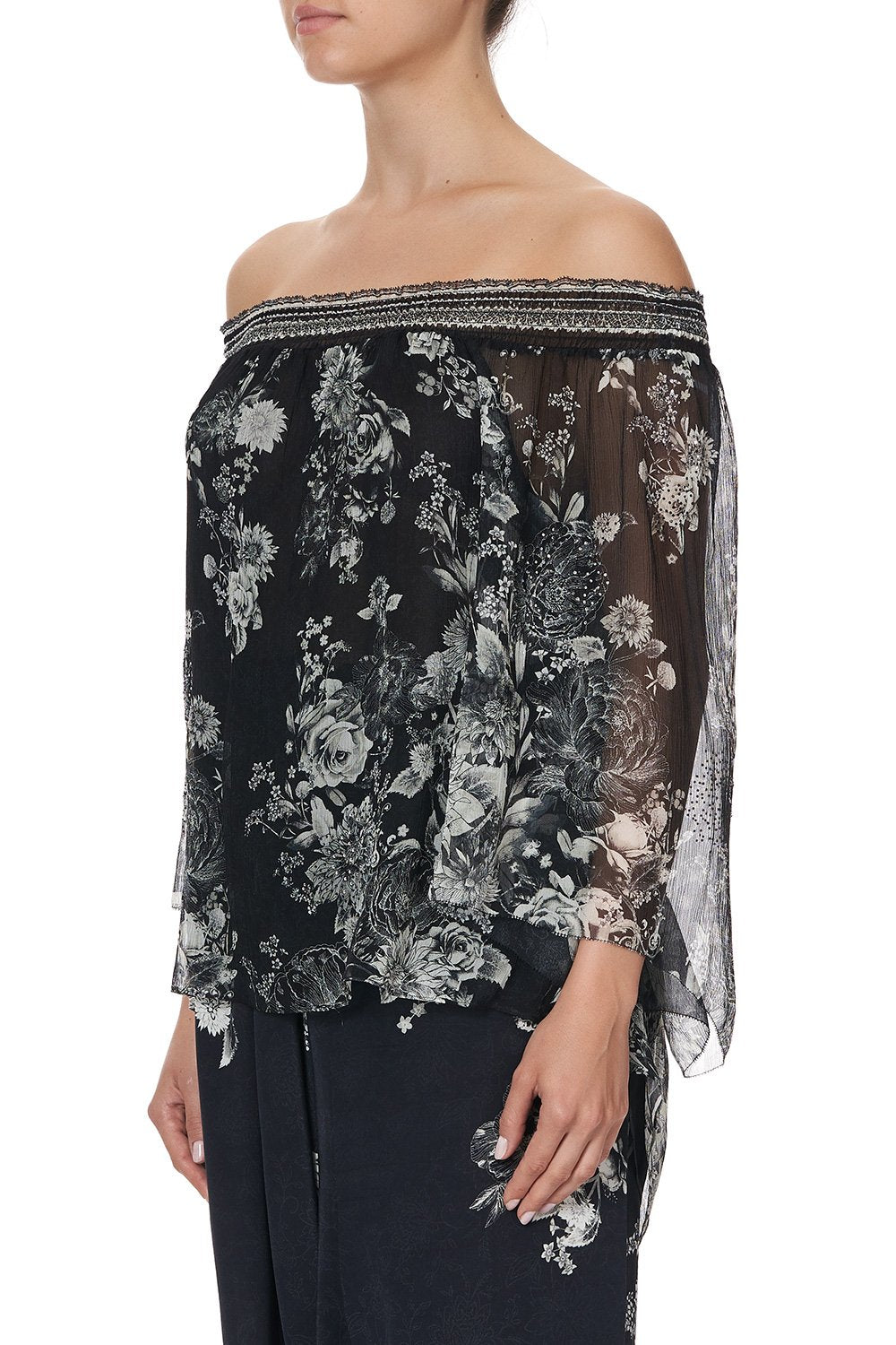 OFF SHOULDER SHIRRED BLOUSE MOONSHINE BLOOM
