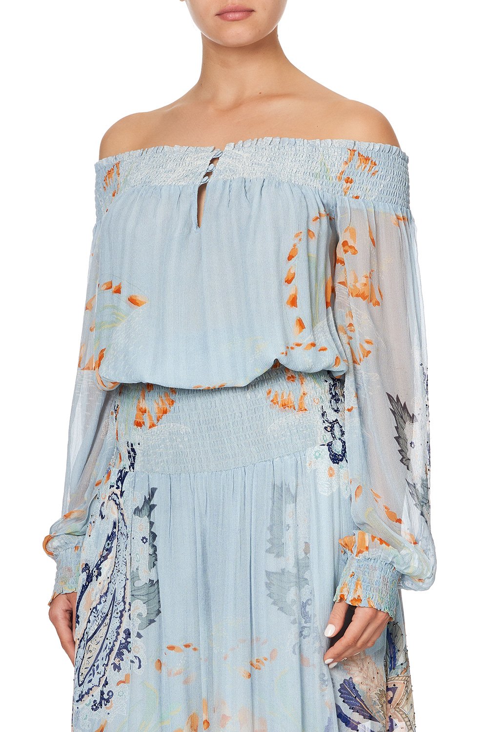 OFF SHOULDER SHIRRED DRESS FRASER FANTASIA