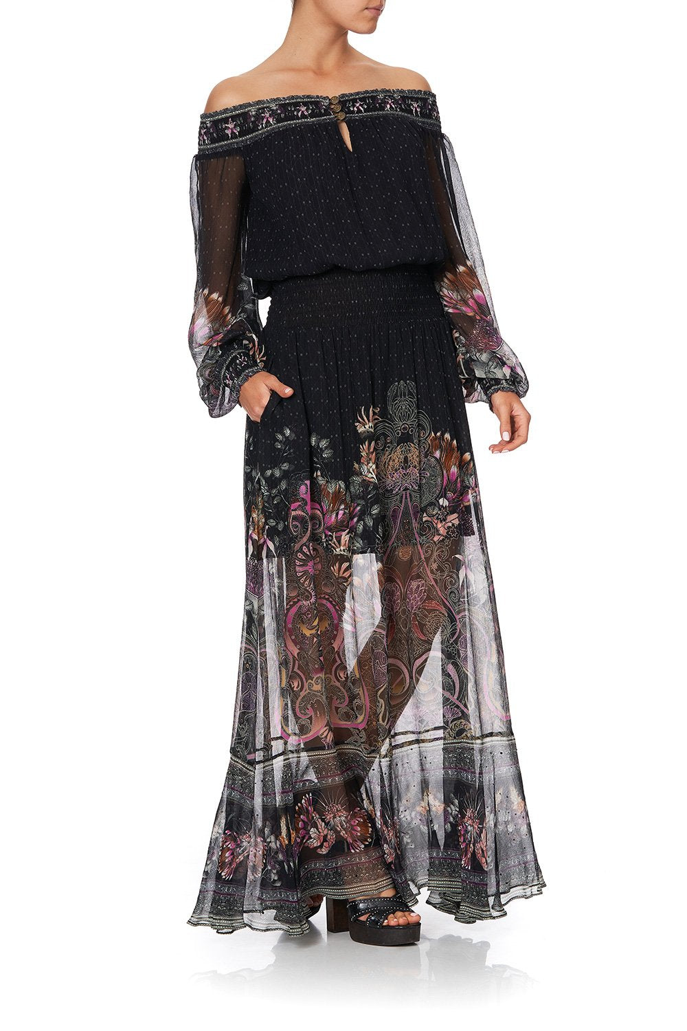 OFF SHOULDER SHIRRED DRESS RESTLESS NIGHTS