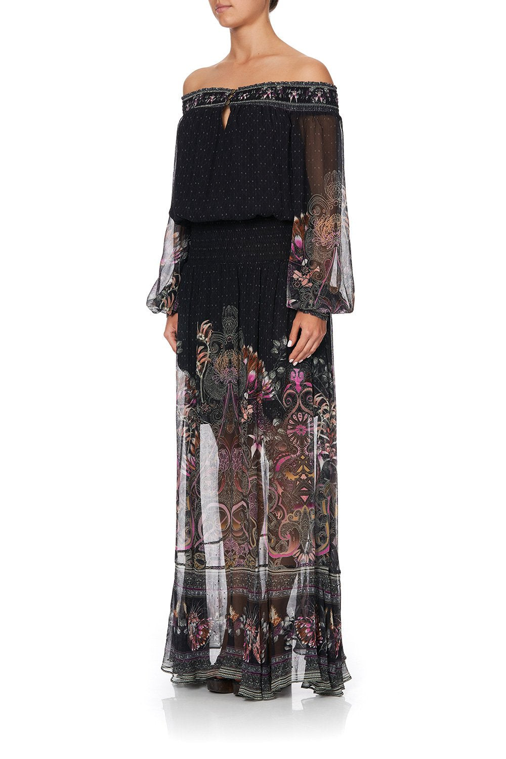 OFF SHOULDER SHIRRED DRESS RESTLESS NIGHTS