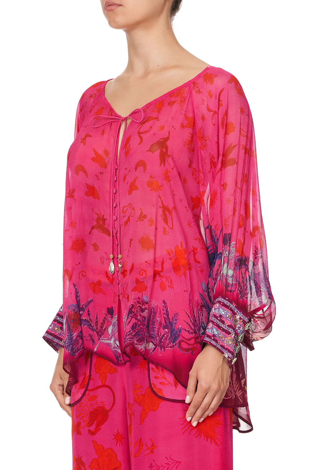 RAGLAN SLEEVE BUTTON UP TOP TROPIC OF NEON