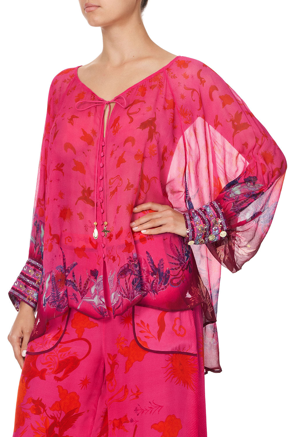 RAGLAN SLEEVE BUTTON UP TOP TROPIC OF NEON