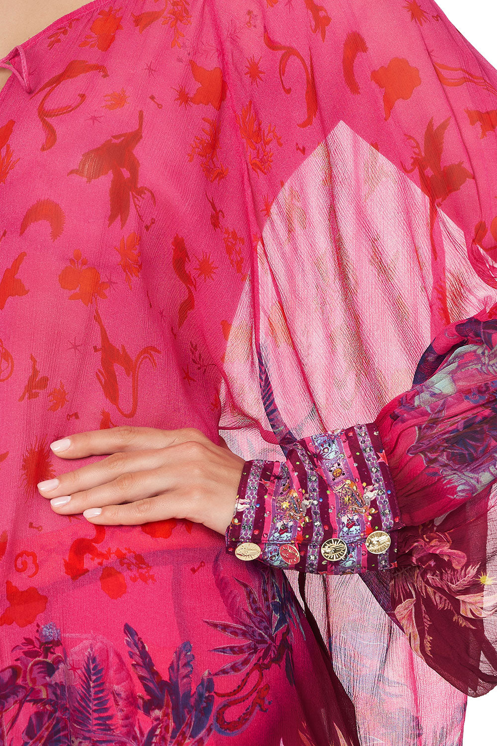 RAGLAN SLEEVE BUTTON UP TOP TROPIC OF NEON