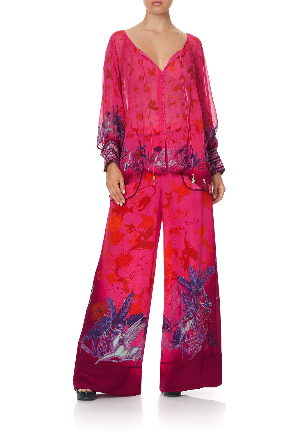 RAGLAN SLEEVE BUTTON UP TOP TROPIC OF NEON