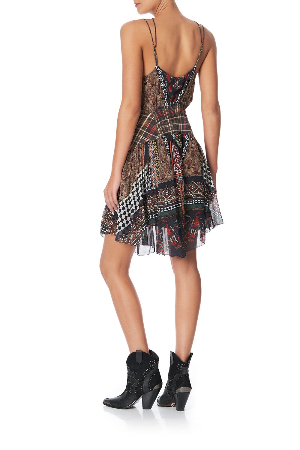 SHORT DRESS WITH SHAPED WAISTBAND PAVED IN PAISLEY