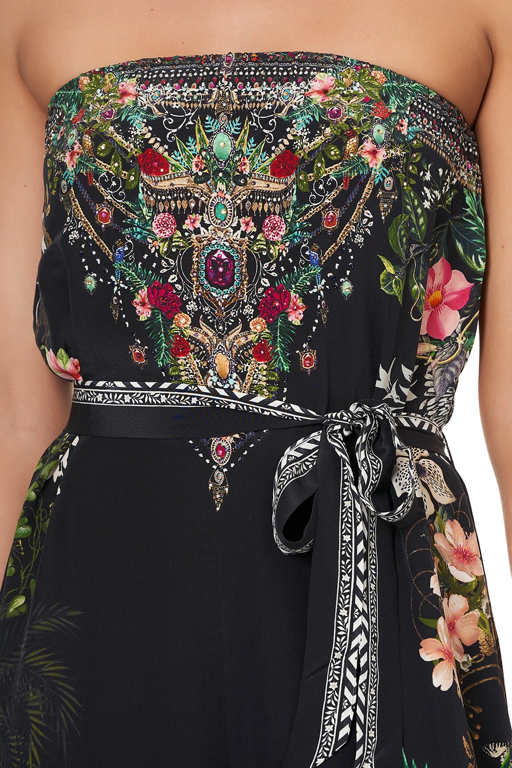 STRAPLESS JUMPSUIT WITH D RING BELT RAISED WITH WOLVES