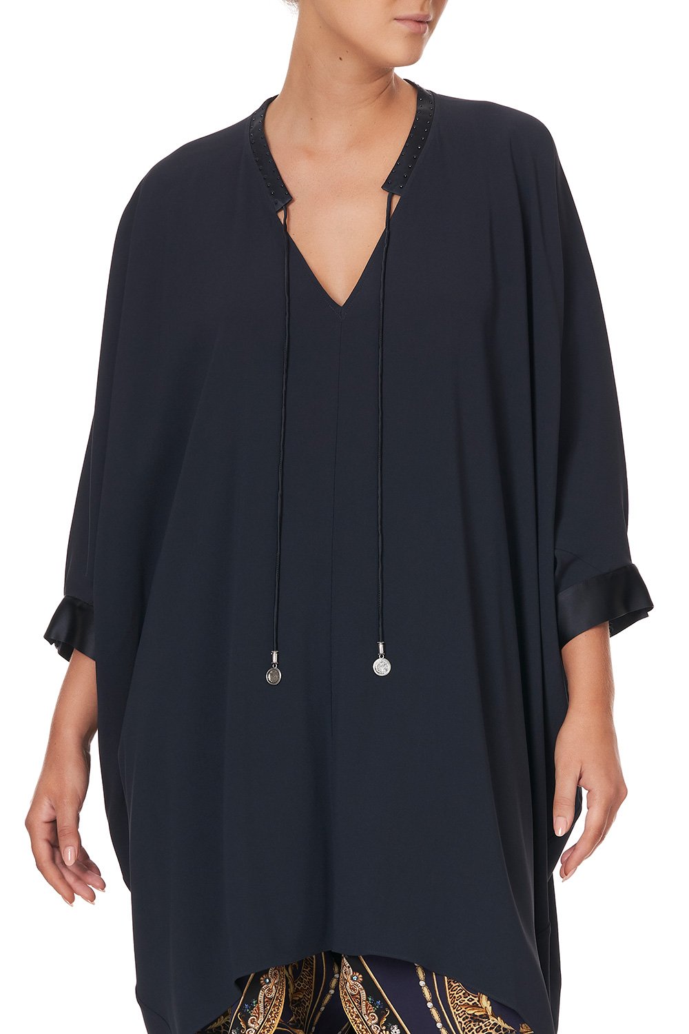 V-NECK DRESS WITH DRAPED BACK SOLID NAVY