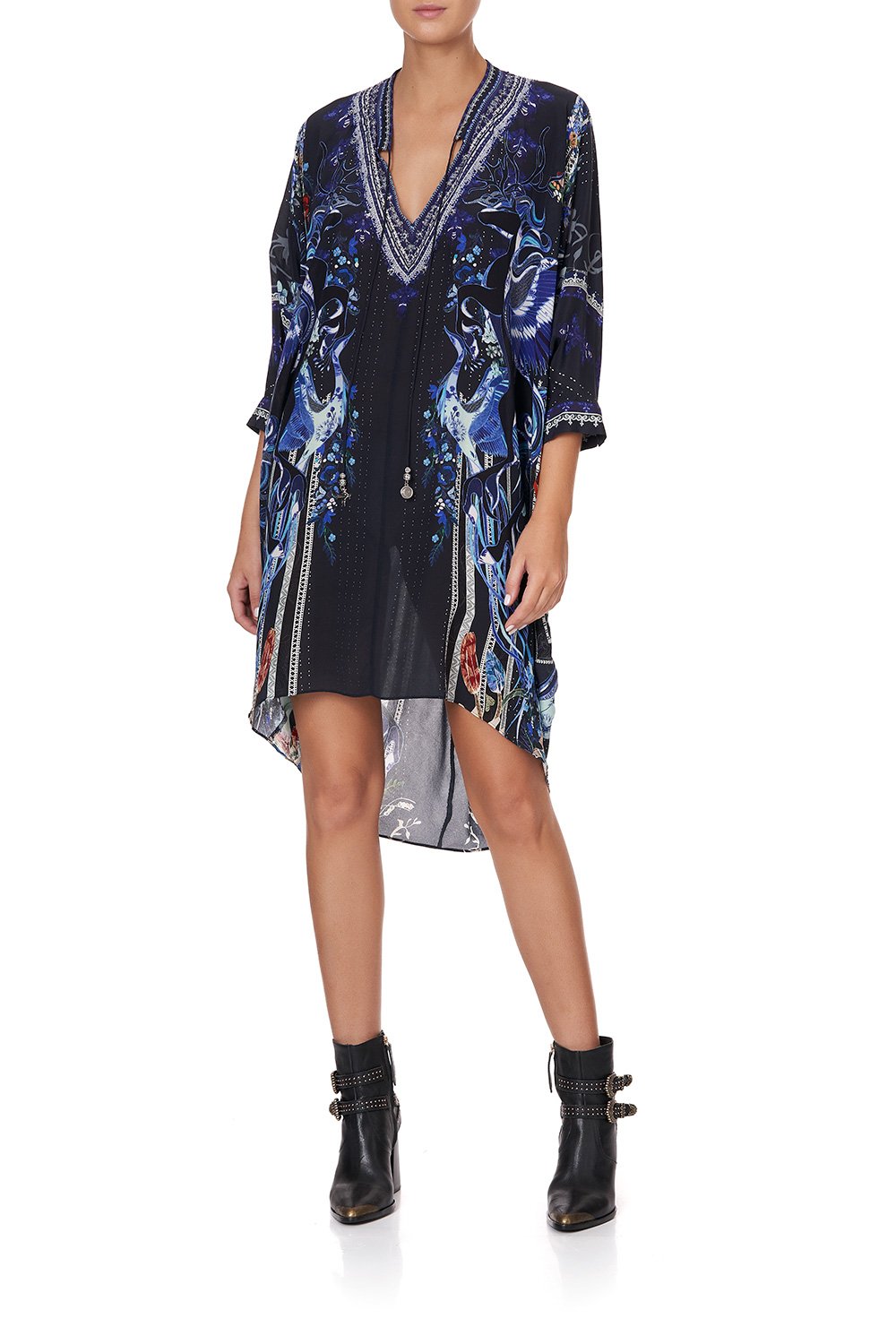 V-NECK DRESS WITH DRAPED BACK MARE MYSTIQUE