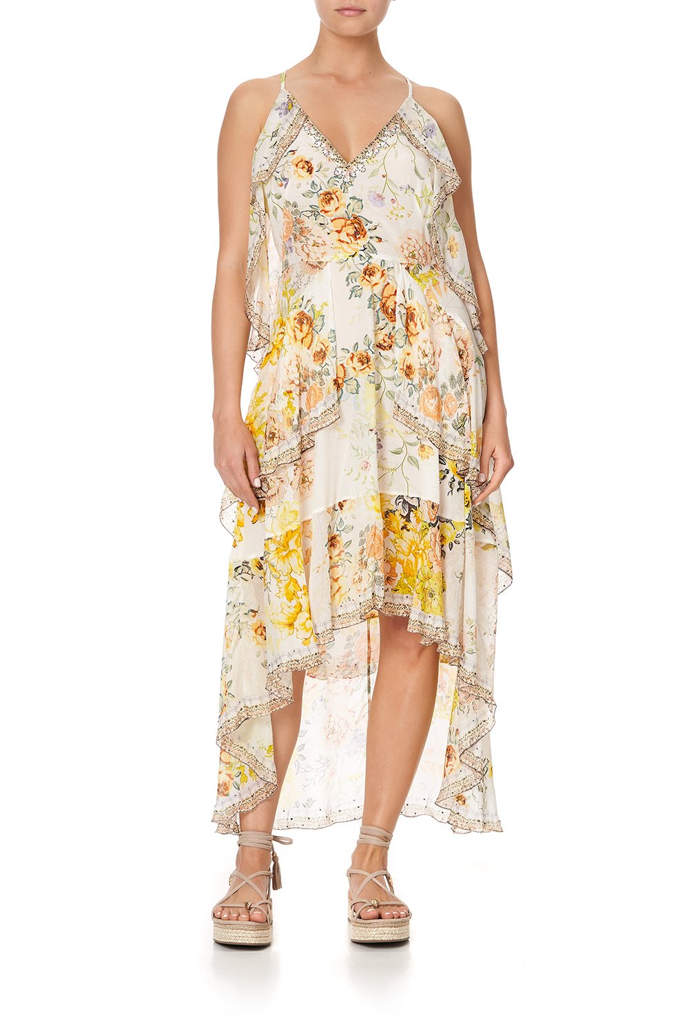 V-NECK FITTED DRESS WITH RUFFLES IN THE HILLS OF TUSCANY