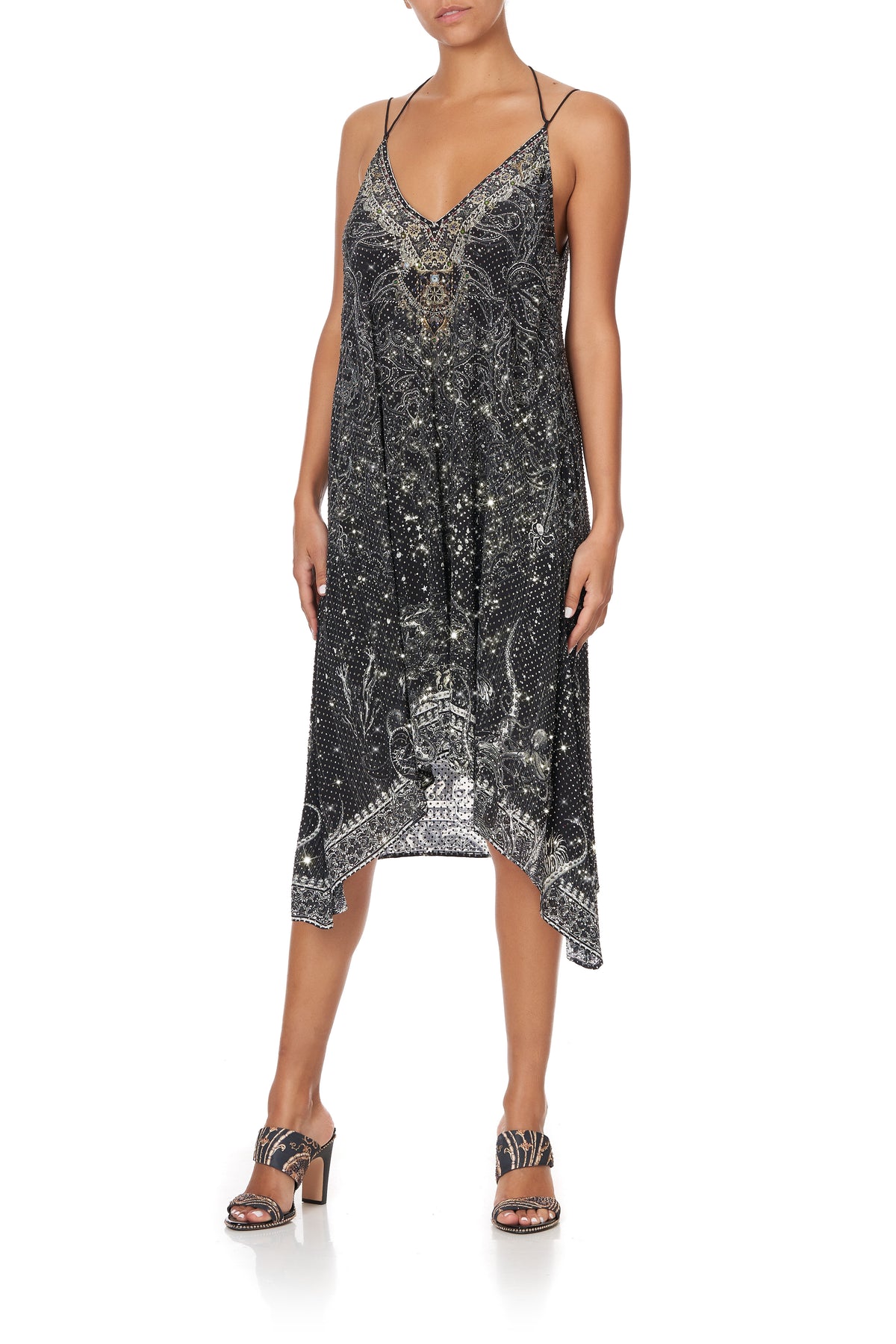 V-NECK STRAPPY FLARE DRESS MIDNIGHT PEARL