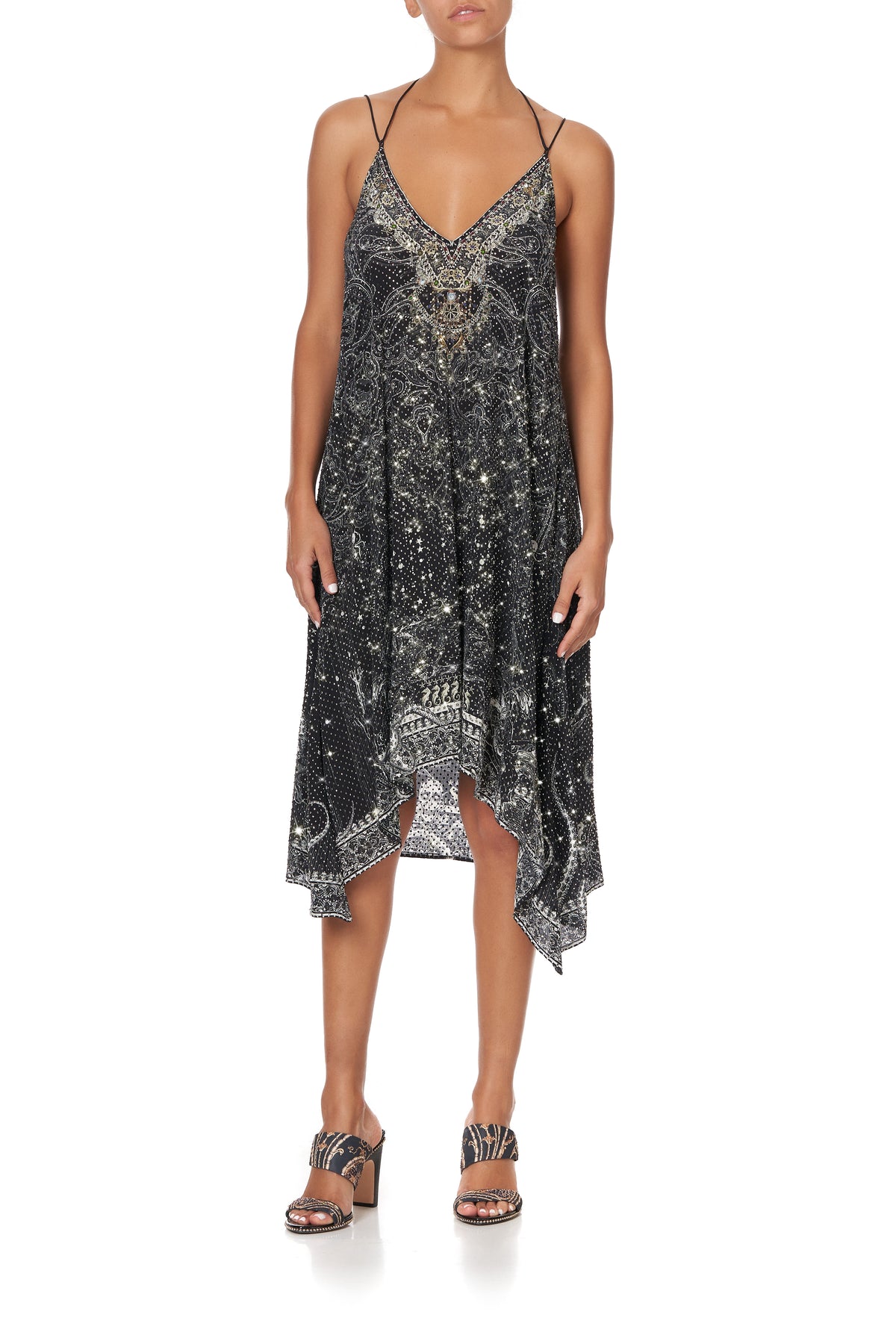 V-NECK STRAPPY FLARE DRESS MIDNIGHT PEARL