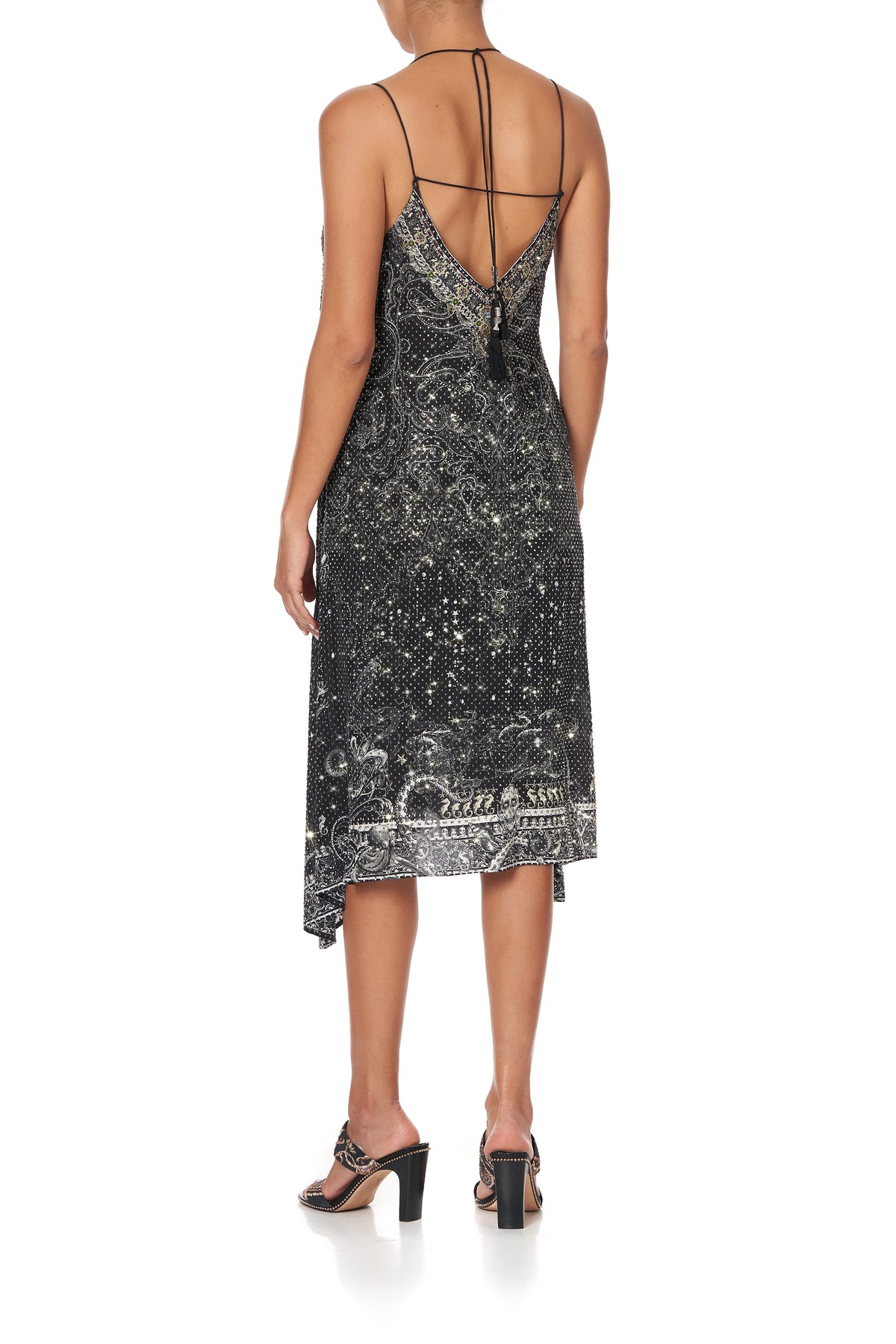 V-NECK STRAPPY FLARE DRESS MIDNIGHT PEARL