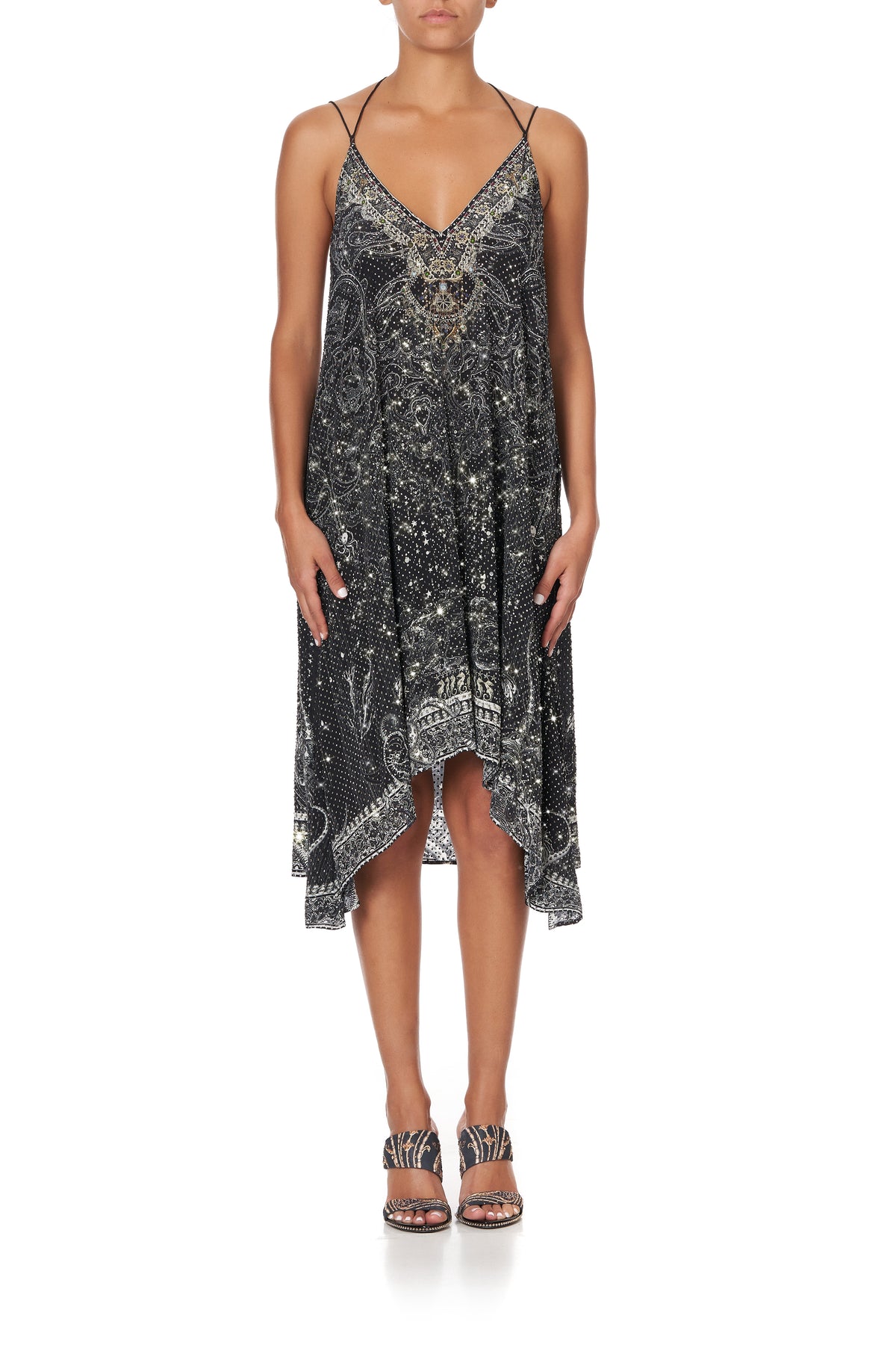 V-NECK STRAPPY FLARE DRESS MIDNIGHT PEARL