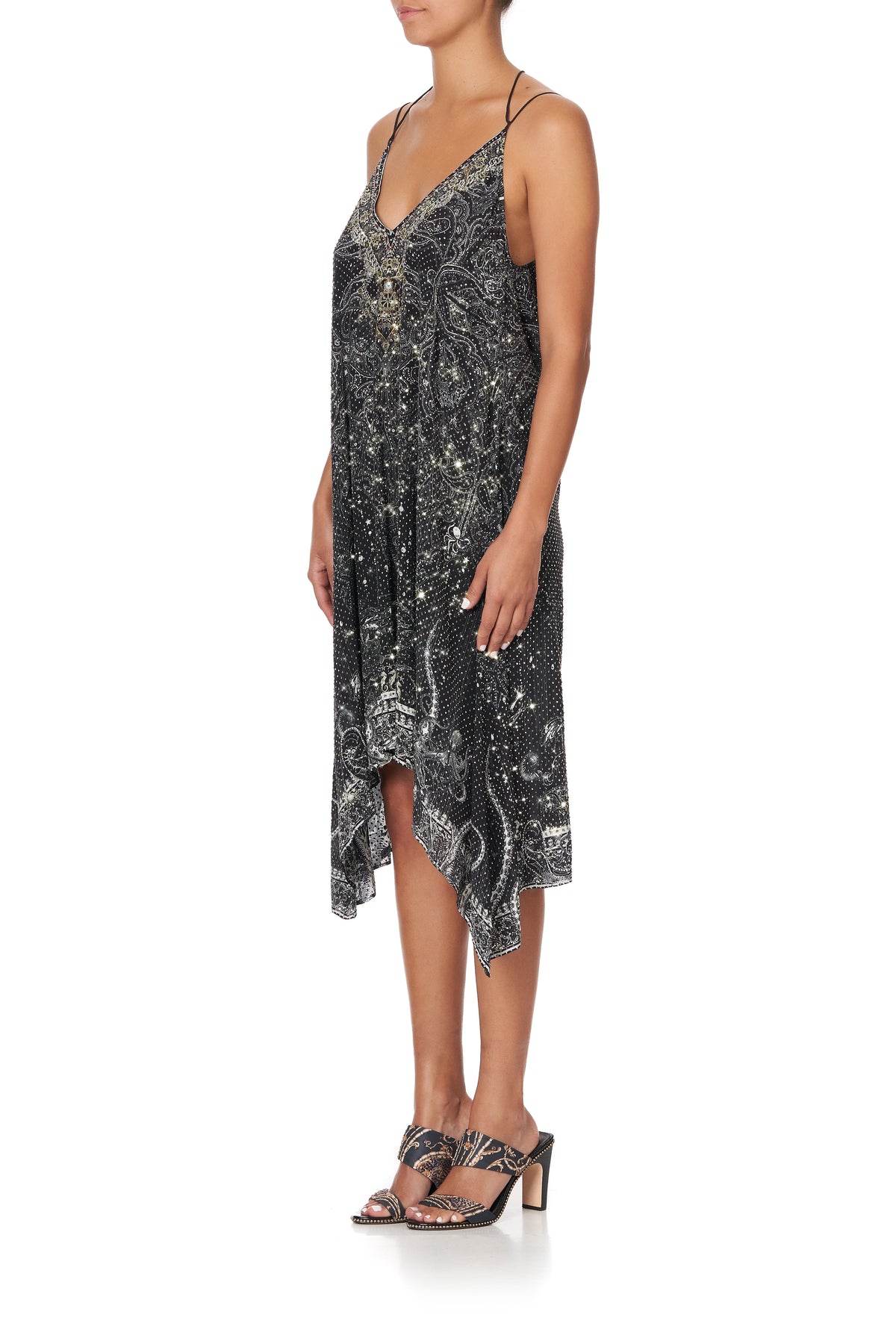 V-NECK STRAPPY FLARE DRESS MIDNIGHT PEARL