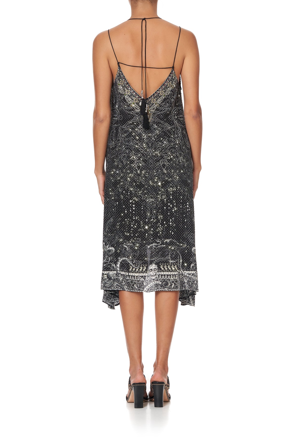 V-NECK STRAPPY FLARE DRESS MIDNIGHT PEARL