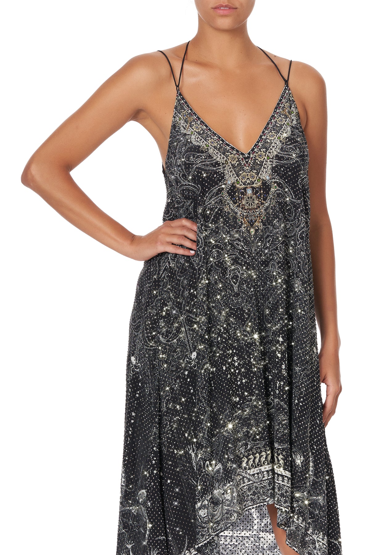 V-NECK STRAPPY FLARE DRESS MIDNIGHT PEARL