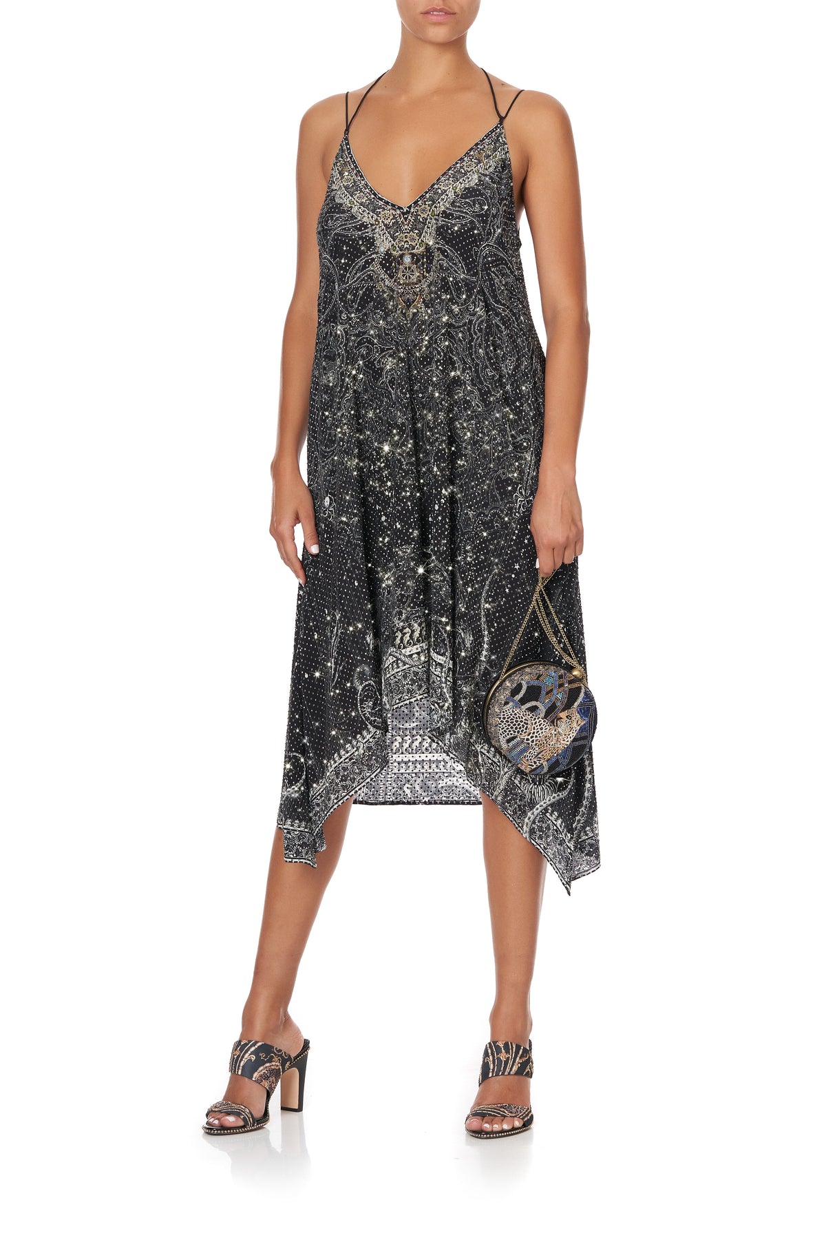 V-NECK STRAPPY FLARE DRESS MIDNIGHT PEARL