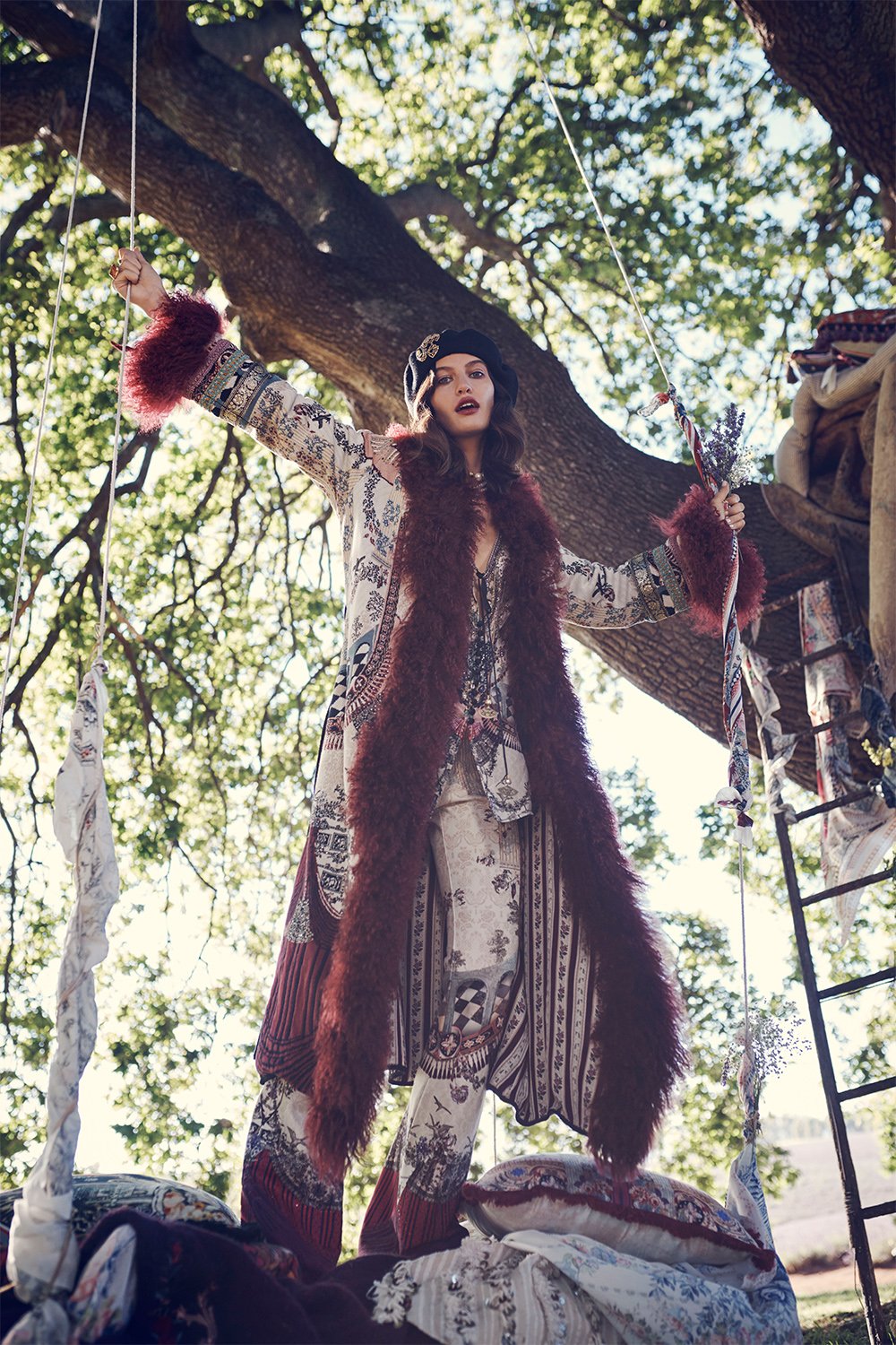 LONG KNIT JACQUARD COAT WITH FUR VIOLET CITY