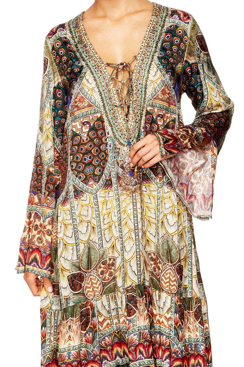 ECHOS OF ENCHANTMENT LACE UP DRESS WITH TIERED HEM