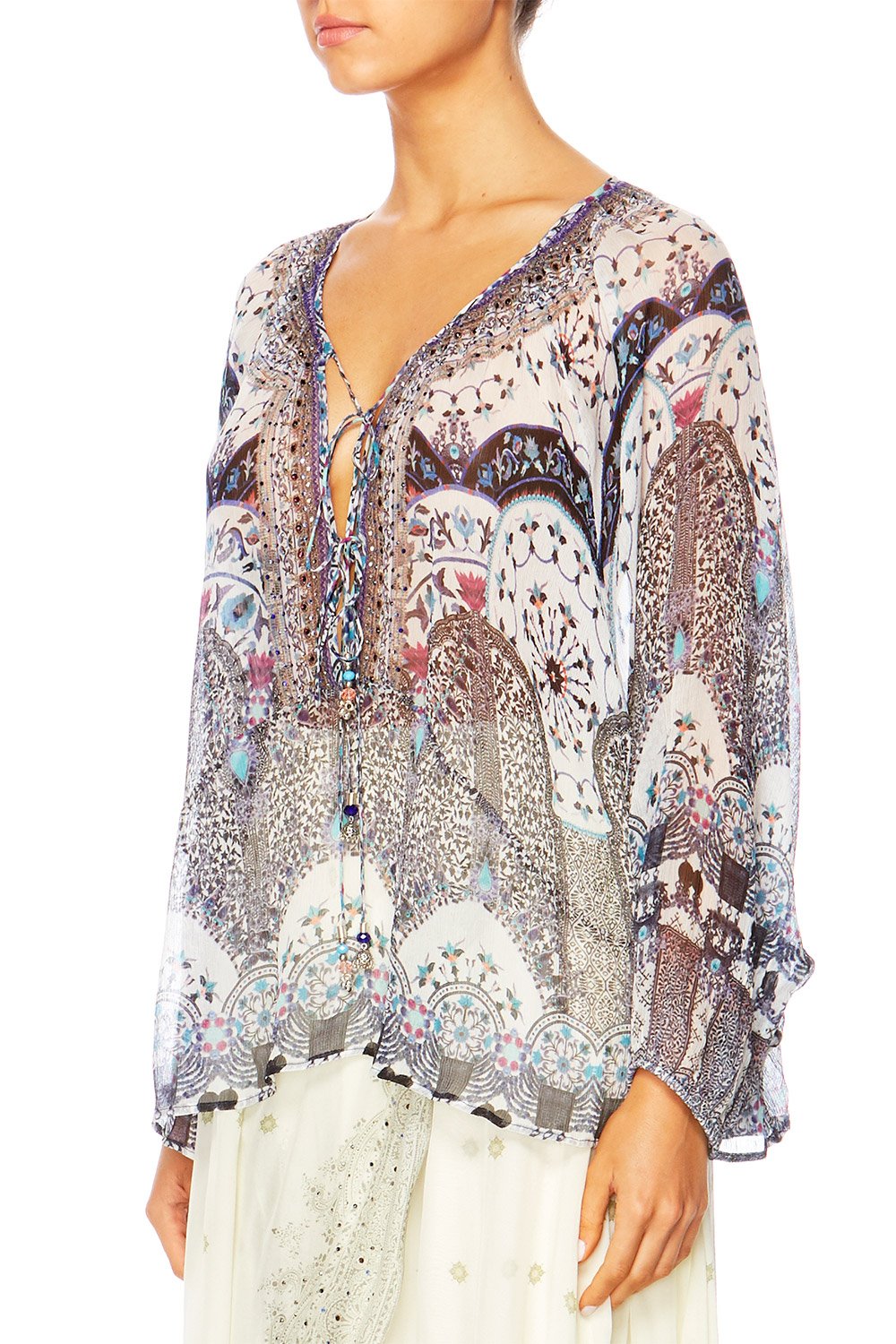 IN THE CONSTELLATIONS TIE FRONT HIGH LOW HEM BLOUSE