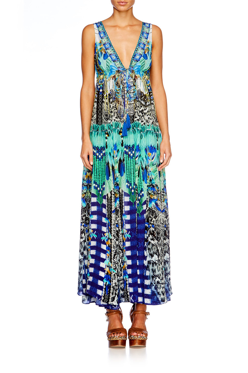 LEAVE ME WILD LONG V NECK DRAWSTRING DRESS