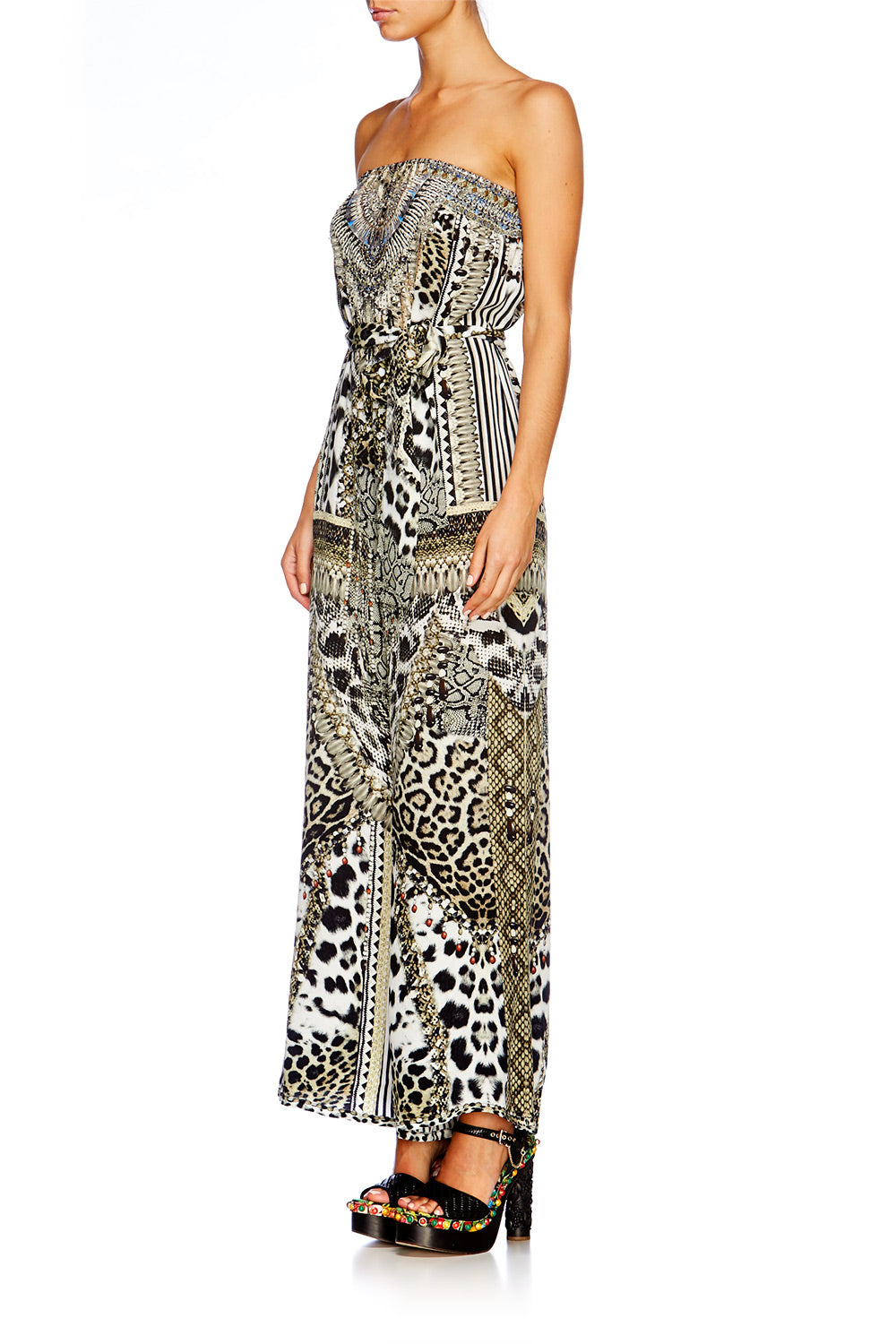 ANIMAL INSTINCT TIE WAIST STRAPLESS JUMPSUIT