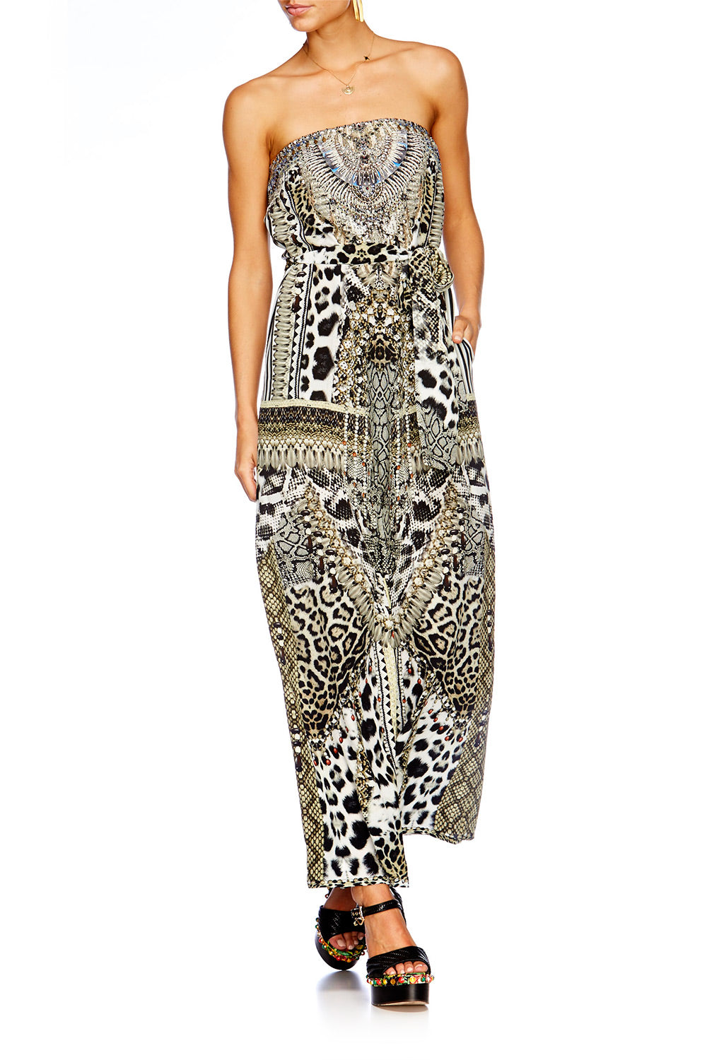 ANIMAL INSTINCT TIE WAIST STRAPLESS JUMPSUIT