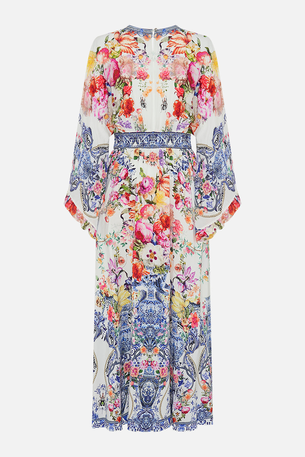 Back view CAMILLA silk dress in Dutch is Life print 