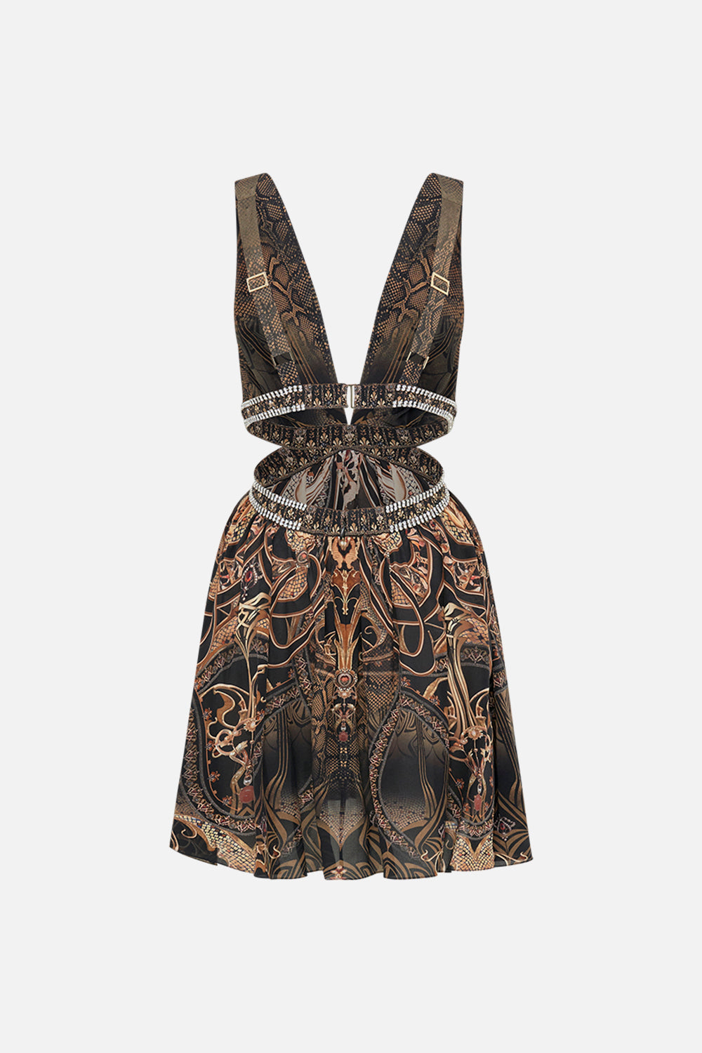 CAMILLA cut out mini dress in Nouveau Noir print