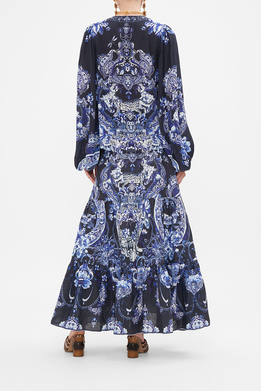 Front view of model wearing CAMILLA silk blouse in Delft Dynasty print