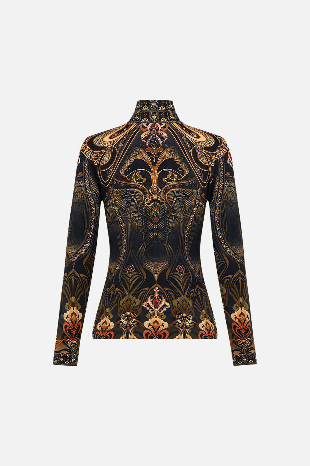 CAMILLA jersey turtleneck in Nouveau Noir print
